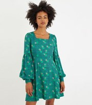 Louche Green Abstract Long Puff Sleeve Mini Skater Dress